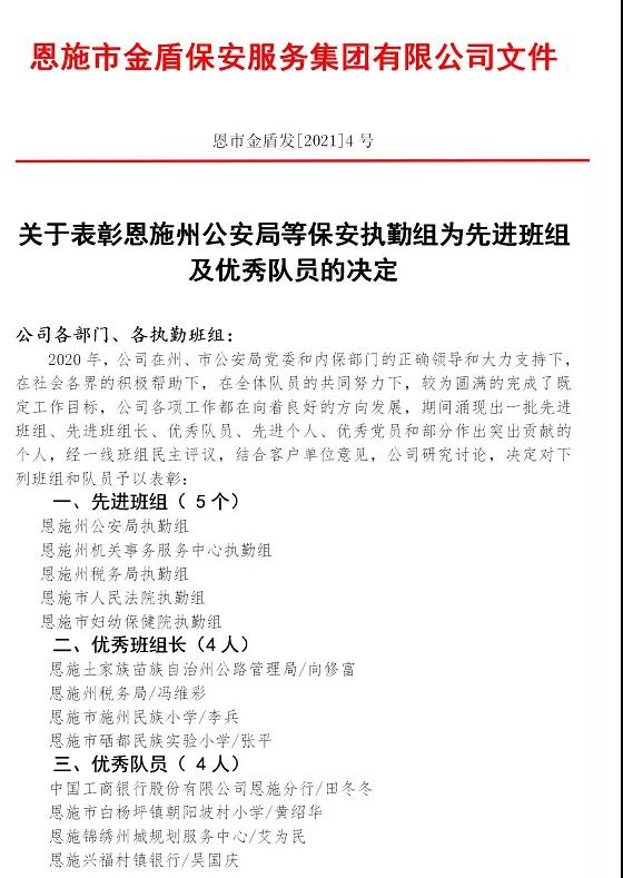 關于表彰恩施州保安執(zhí)勤組為先進班組及優(yōu)秀隊員公告